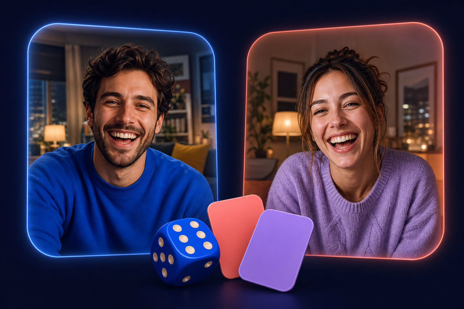 Two people laughing on a video call, with colorful game cards and a die